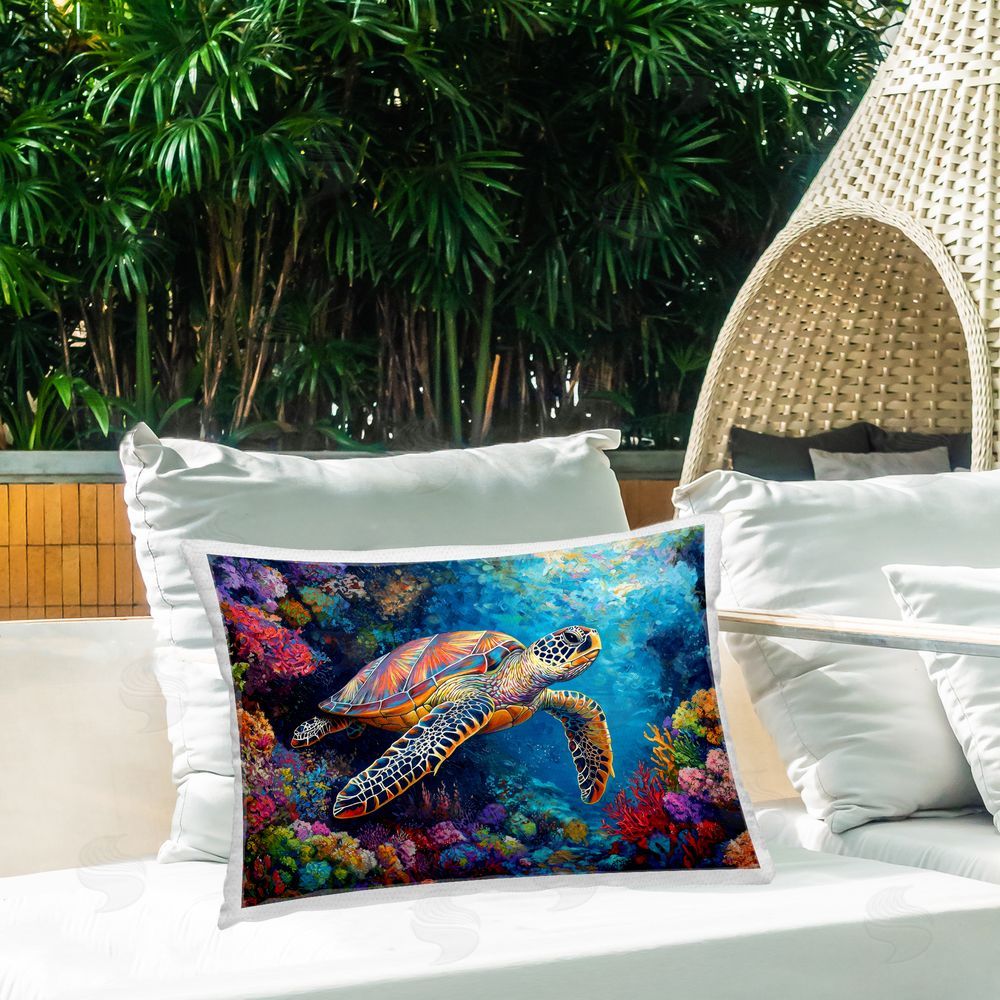 LSR Design Studio Colorful Coral Reef & Turtle Outdoor Rectangular Pillow on Patio