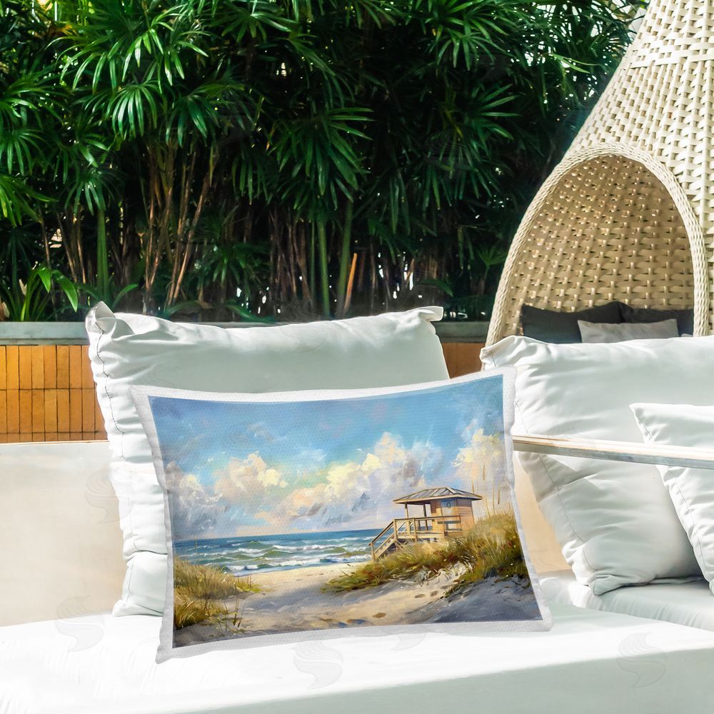 LSR Design Studio Beach Overlook Lifeguard Hut Outdoor Rectangular Pillow on Patio