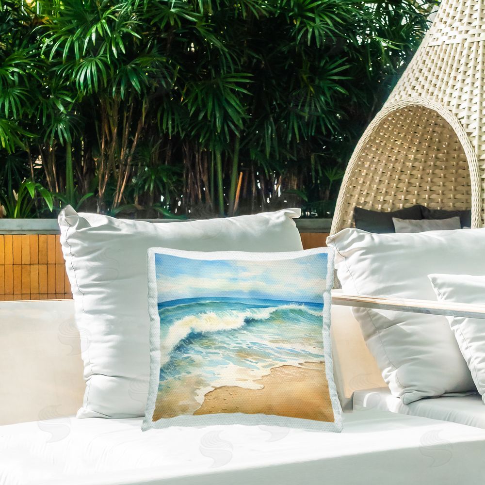 LSR Design Studio Hear The Waves Coast Outdoor Square Pillow on Patio