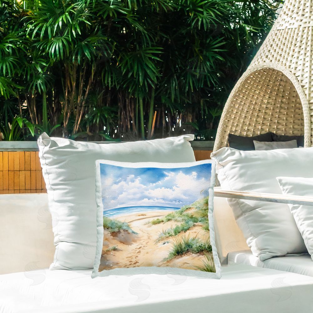 LSR Design Studio Sandy Footprints Seaside Path Outdoor Square Pillow on Patio