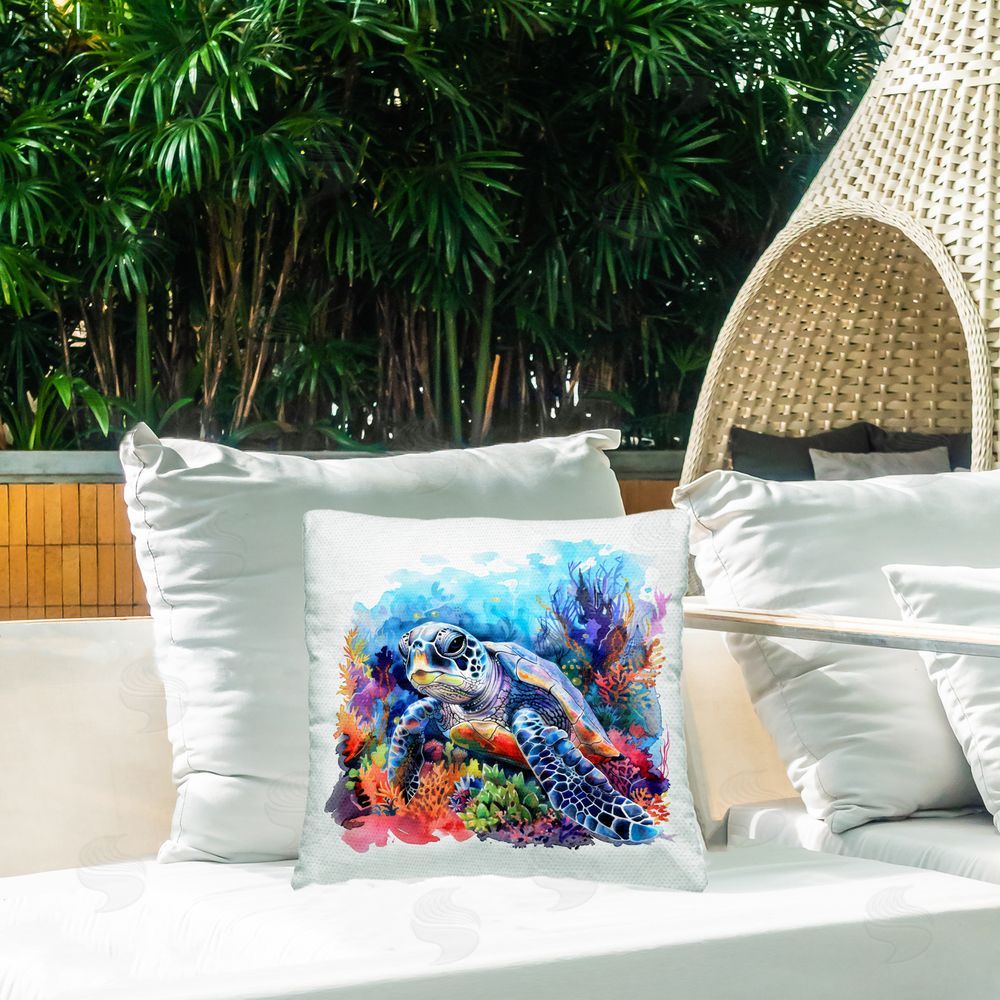 LSR Design Studio Sea Turtle Bright Impression Outdoor Square Pillow on Patio