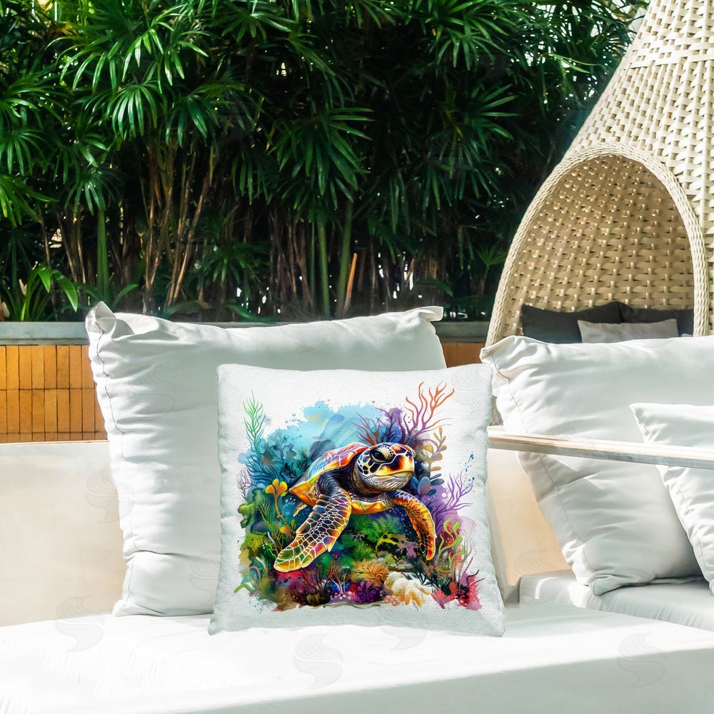 LSR Design Studio Sea Turtle & Vivid Coral Reef Outdoor Square Pillow on Patio