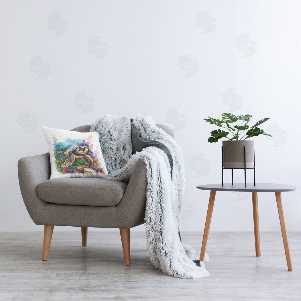 LSR Design Studio Sea Turtle & Vivid Coral Reef Indoor Square Pillow on Chair