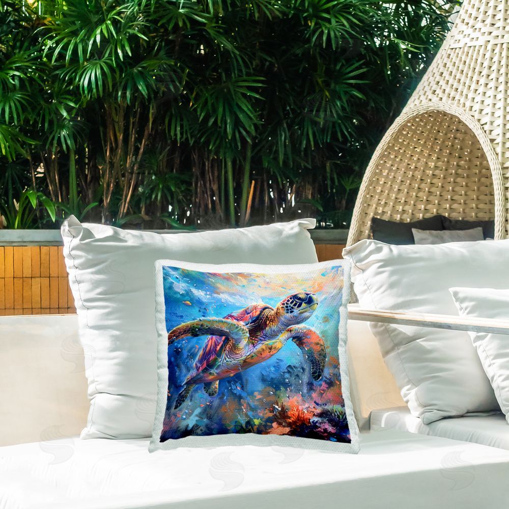 LSR Design Studio Rainbow Sea Turtle & Bubbles Outdoor Square Pillow on Patio