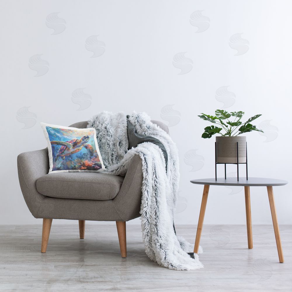 LSR Design Studio Rainbow Sea Turtle & Bubbles Indoor Square Pillow on Chair