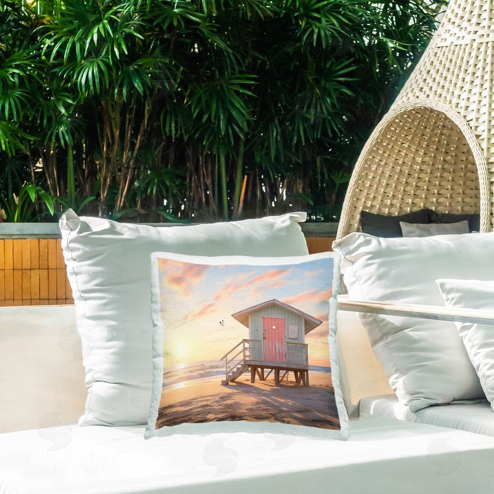 LSR Design Studio Pink Door Beach Hut Outdoor Square Pillow on Patio
