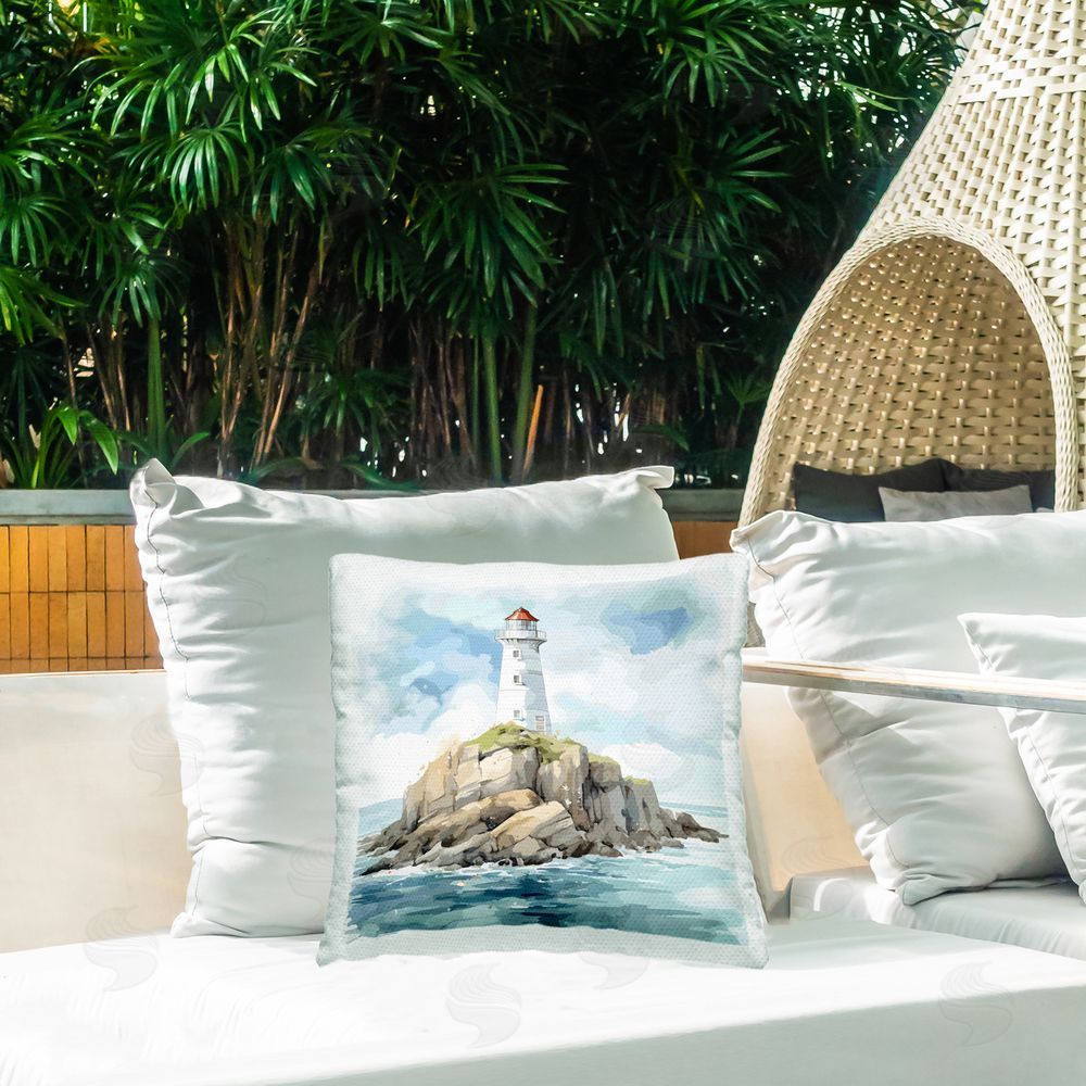 LSR Design Studio Red Roof Lighthouse Outdoor Square Pillow on Patio
