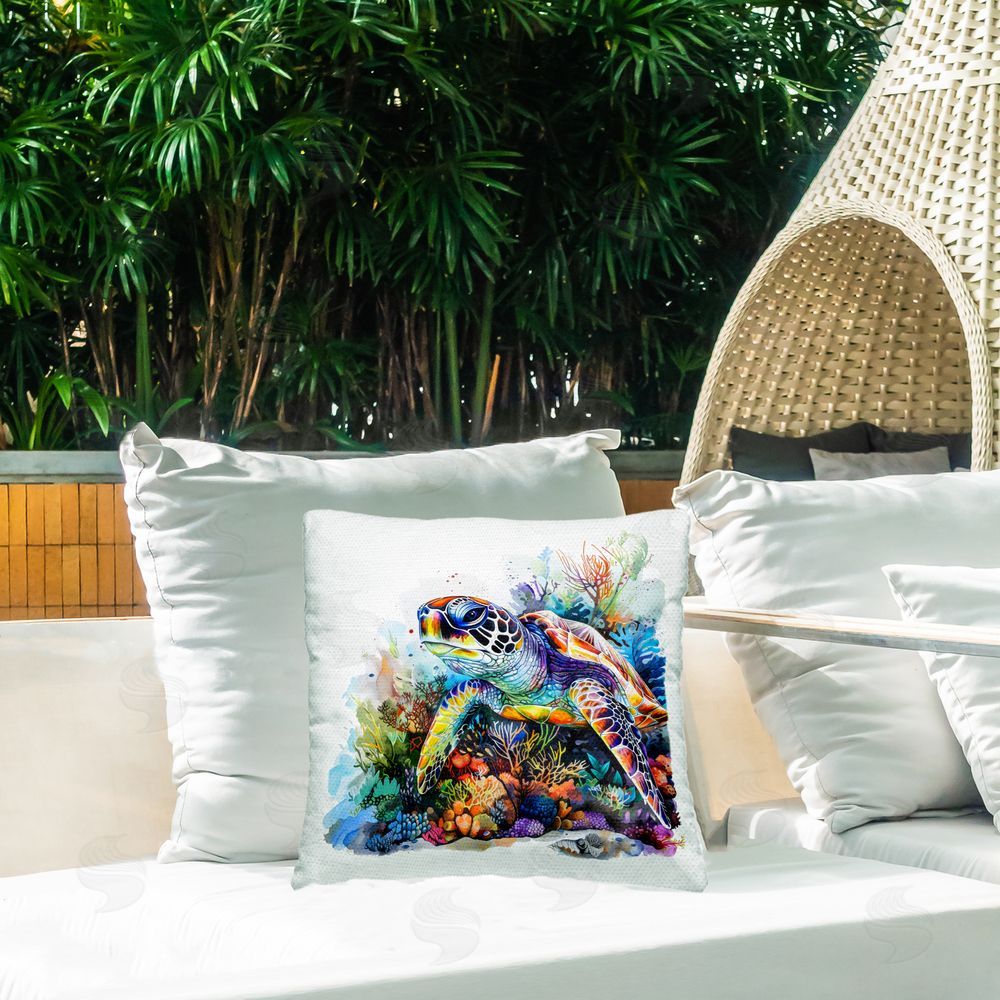 LSR Design Studio Coral Sanctuary Sea Turtle Outdoor Square Pillow on Patio