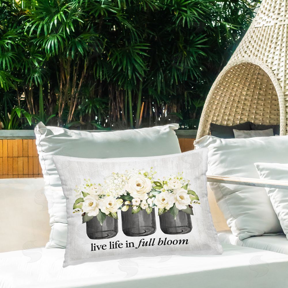 Lettered and Lined Life In Full Bloom Rustic Outdoor Rectangular Pillow on Patio