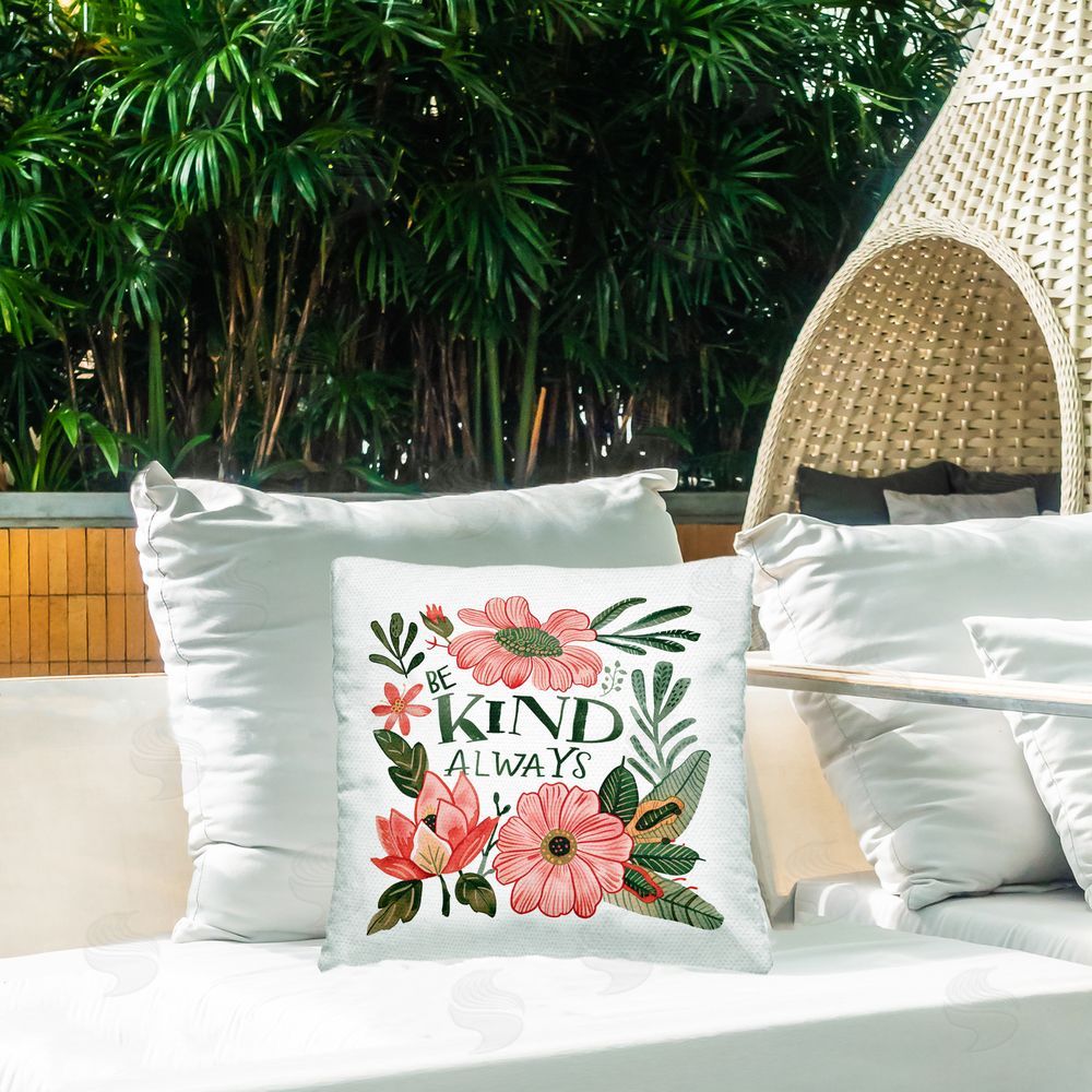 Lettered and Lined Be Kind Always Greenery Outdoor Square Pillow on Patio