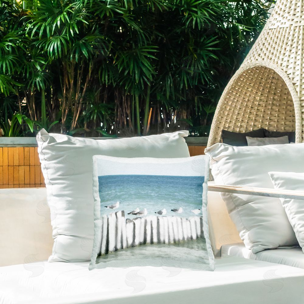 Noah Bay Gulls Waiting Beach Scene Outdoor Square Pillow on Patio