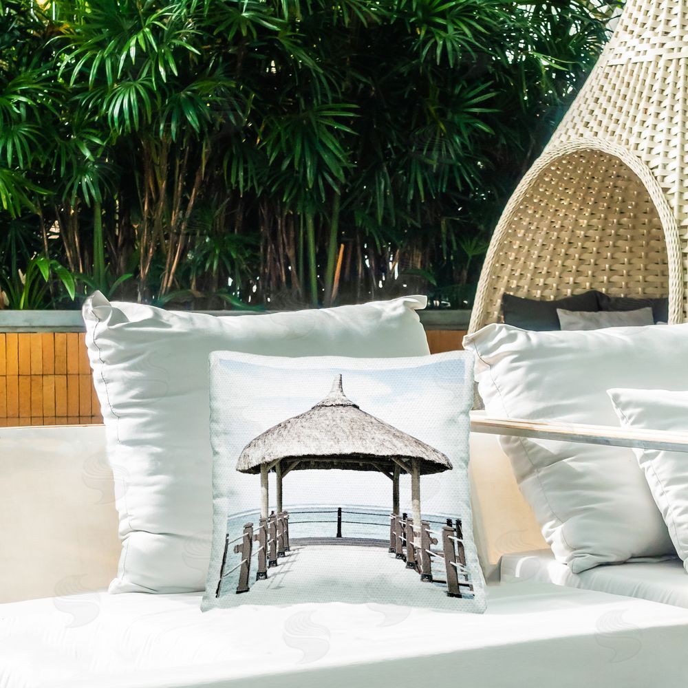 Noah Bay Jetty At Noon Coast Outdoor Square Pillow on Patio
