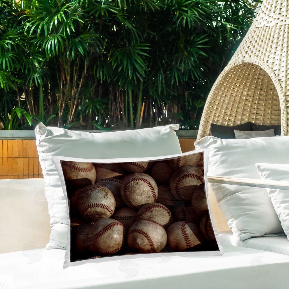 Marcus Prime Bin Of Baseballs Outdoor Rectangular Pillow on Patio