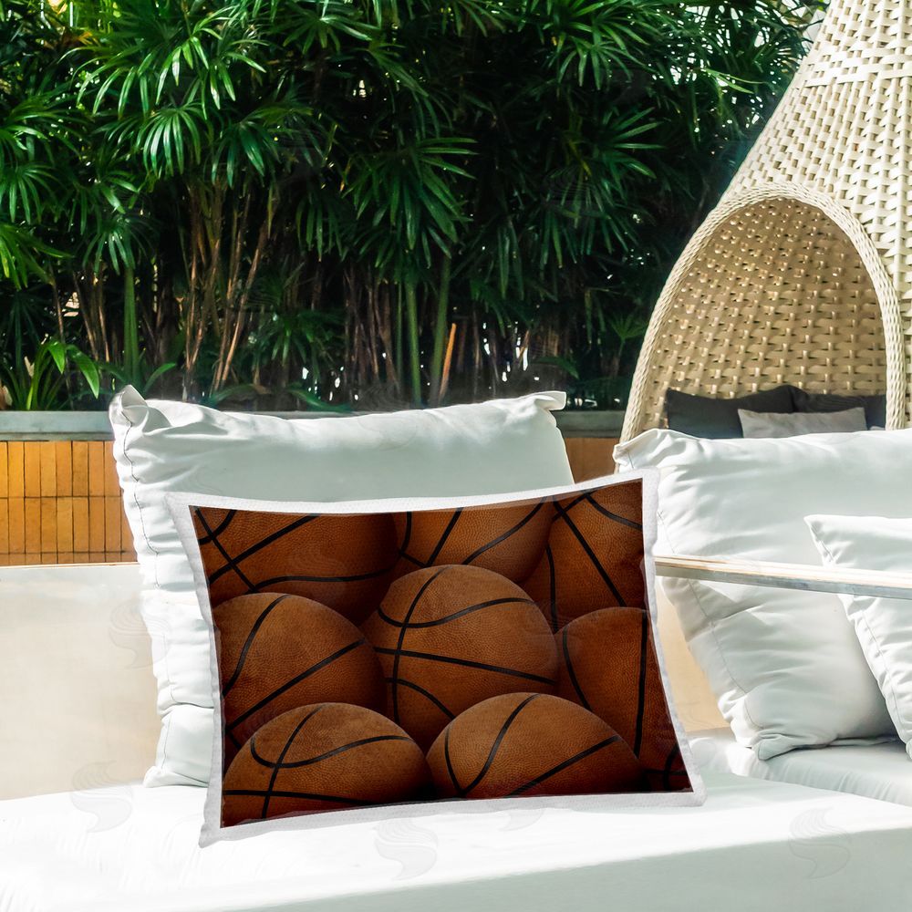 Marcus Prime Bin Of Basketballs Outdoor Rectangular Pillow on Patio