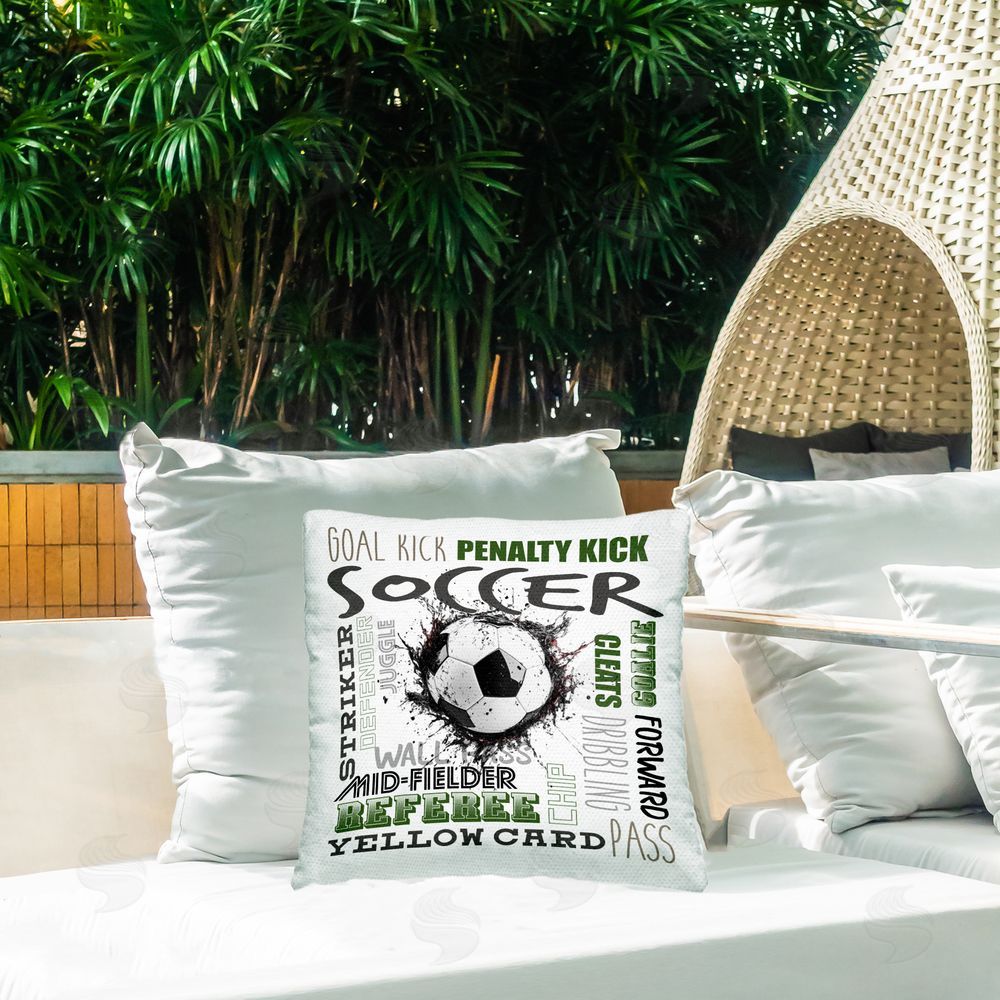 Kim Allen Soccer Kick Game Phrases Outdoor Square Pillow on Patio
