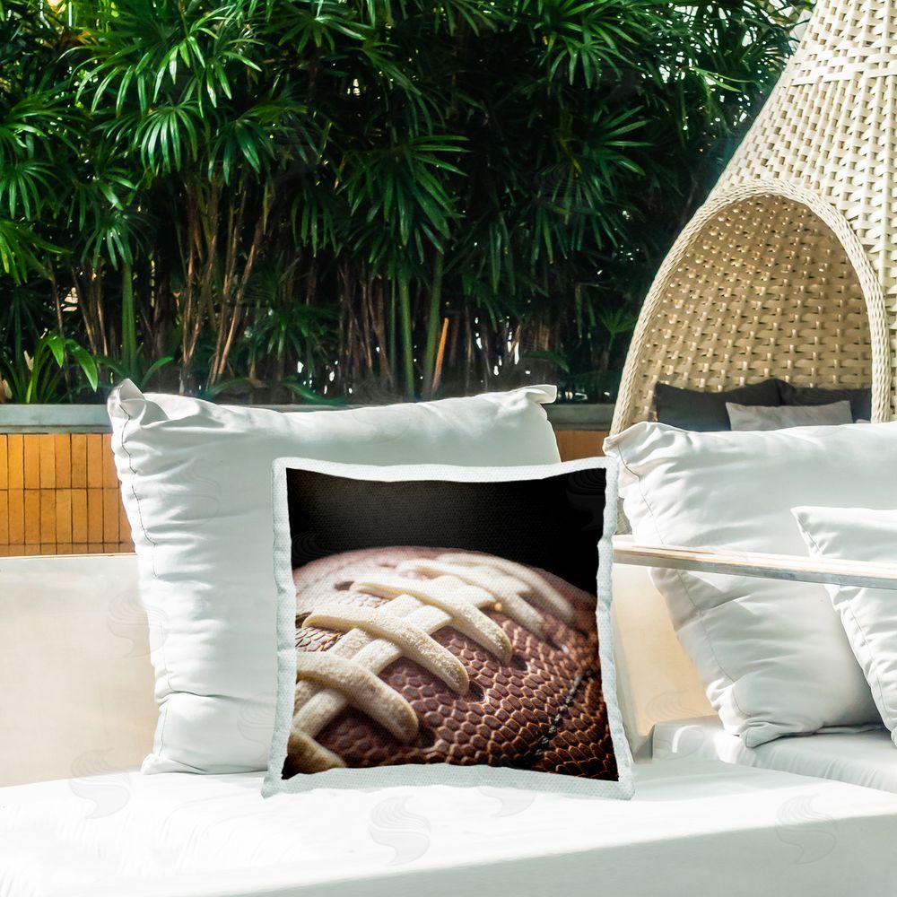 Kim Allen Football Closeup On Black Outdoor Square Pillow on Patio