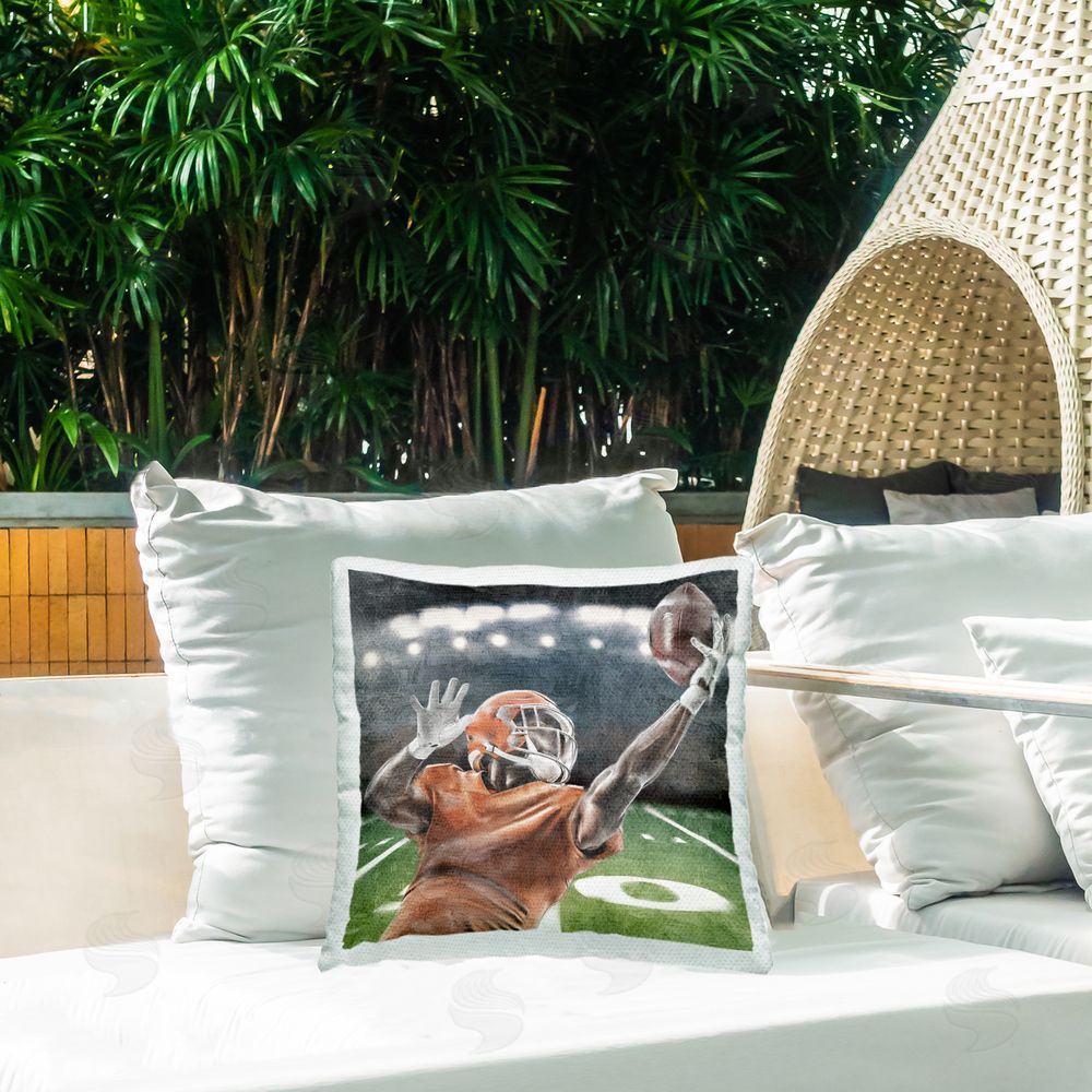 Kim Allen Football Catch In Action Outdoor Square Pillow on Patio