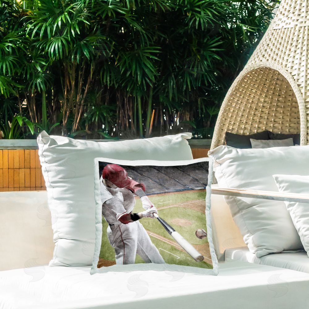 Kim Allen Baseball Swing In Action Outdoor Square Pillow on Patio