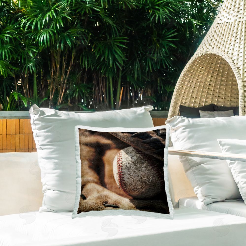 Kim Allen Be The Ball Baseball Outdoor Square Pillow on Patio