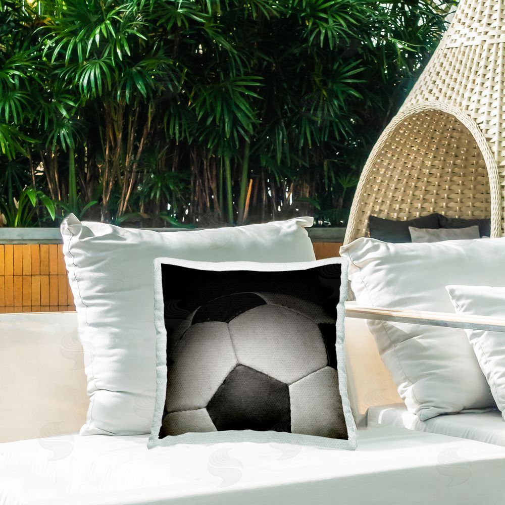 Kim Allen Soccer Closeup On Black Outdoor Square Pillow on Patio