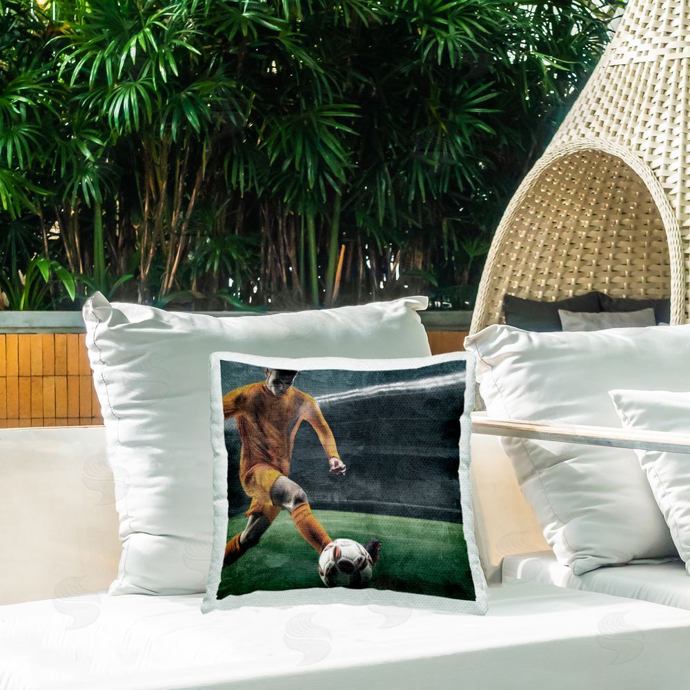 Kim Allen Soccer Kick In Action Outdoor Square Pillow on Patio