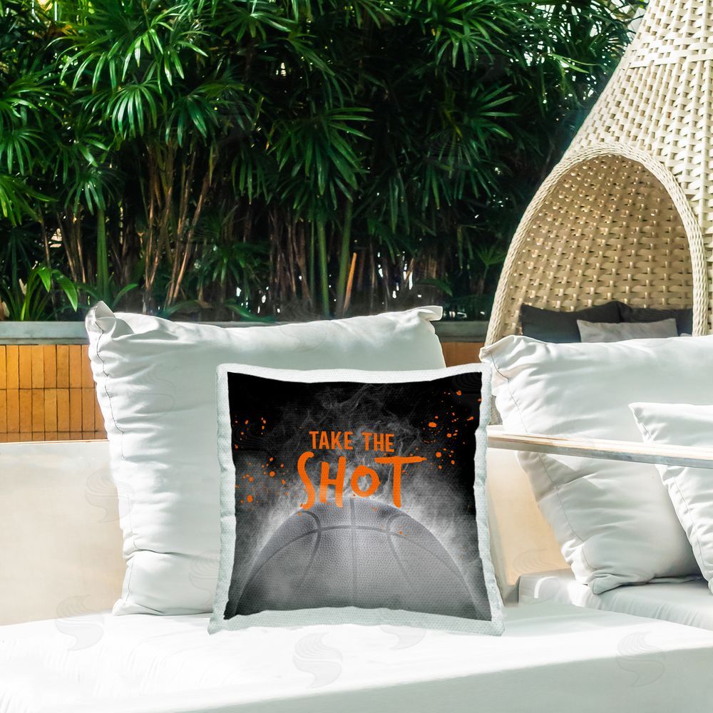 Kim Allen Take The Shot Basketball Outdoor Square Pillow on Patio
