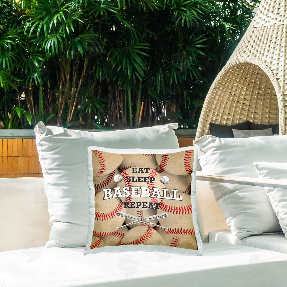 Kim Allen Eat Sleep Baseball Repeat Outdoor Square Pillow on Patio