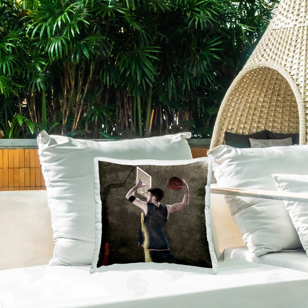 Kim Allen Basketball Dunk In Action Outdoor Square Pillow on Patio