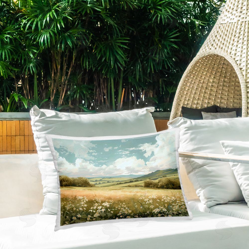 Creative Studio Scenic Daisy Valley Outdoor Rectangular Pillow on Patio