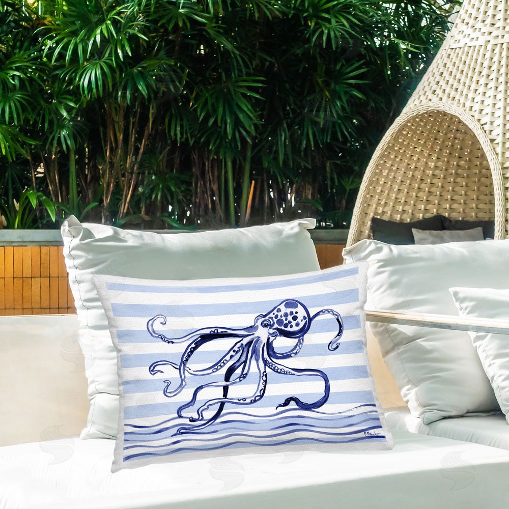 Paul Brent Indigo Brushstroke Octopus Outdoor Rectangular Pillow on Patio