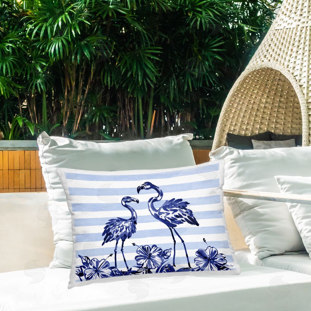 Paul Brent Indigo Flamingos over Stripes Outdoor Rectangular Pillow on Patio