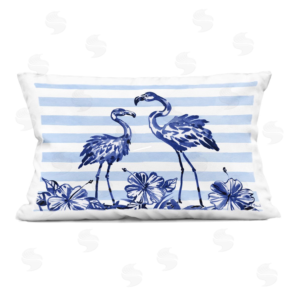 Paul Brent Indigo Flamingos over Stripes Indoor Printed Pillow Art