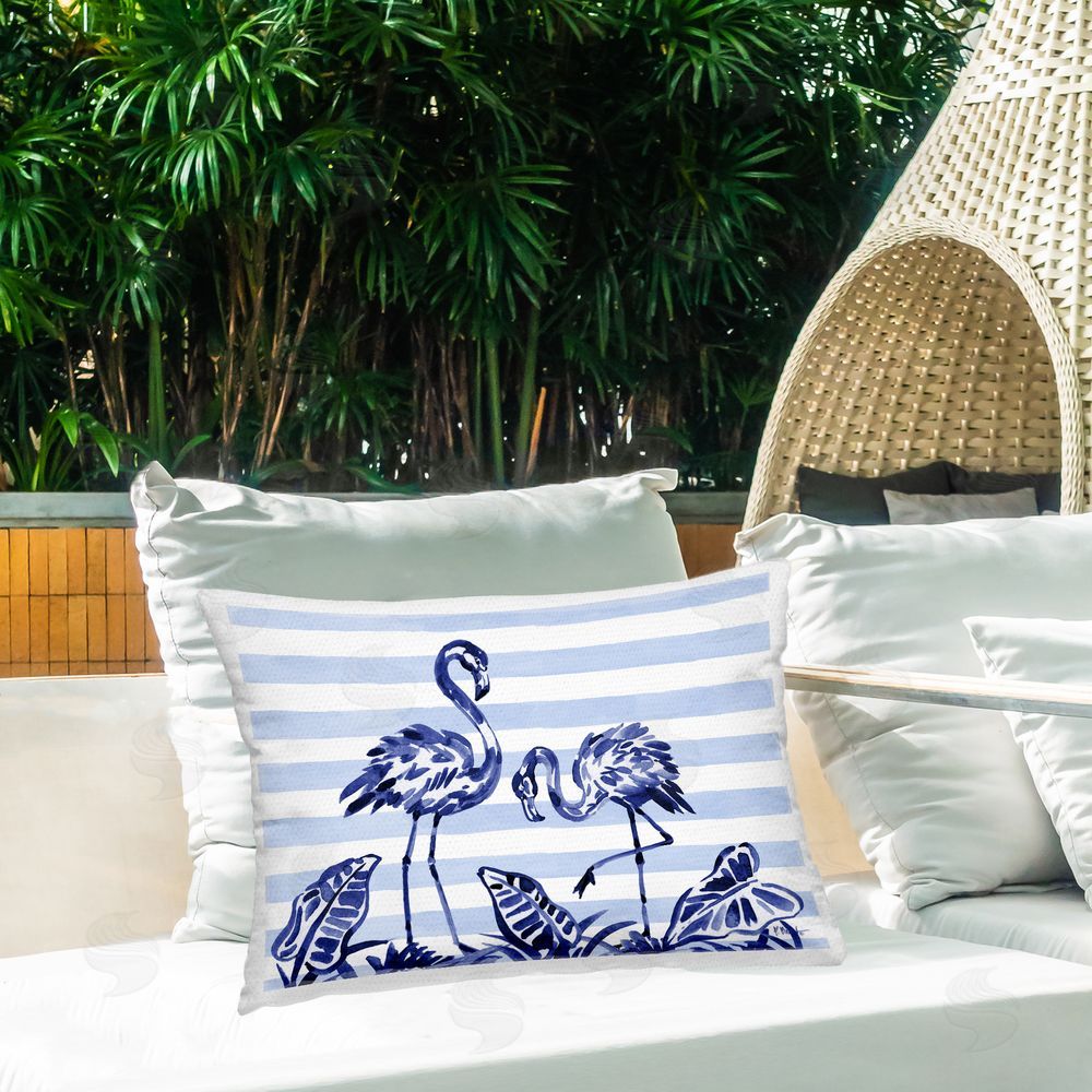 Paul Brent Indigo Brushstroke Flamingos Outdoor Rectangular Pillow on Patio