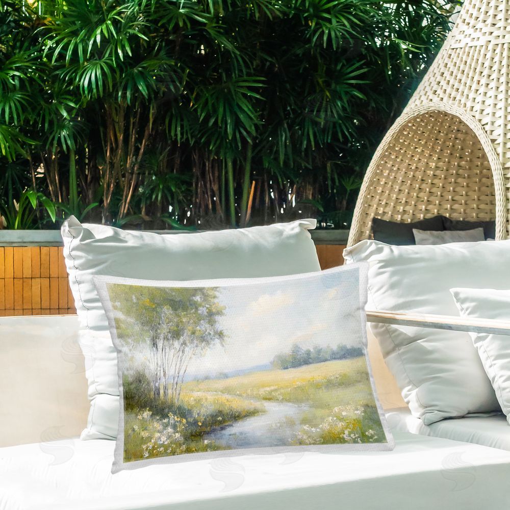 Creative Studio Tranquil River Stream Outdoor Rectangular Pillow on Patio