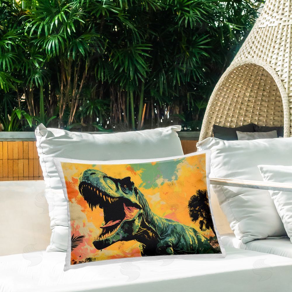 Creative Studio Roaring Dinosaur At Sunset Outdoor Rectangular Pillow on Patio