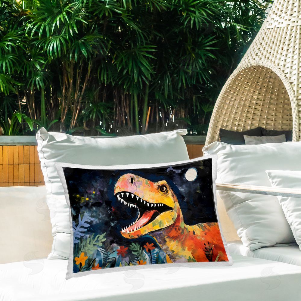 Creative Studio Nighttime Hunt Dinosaur Outdoor Rectangular Pillow on Patio