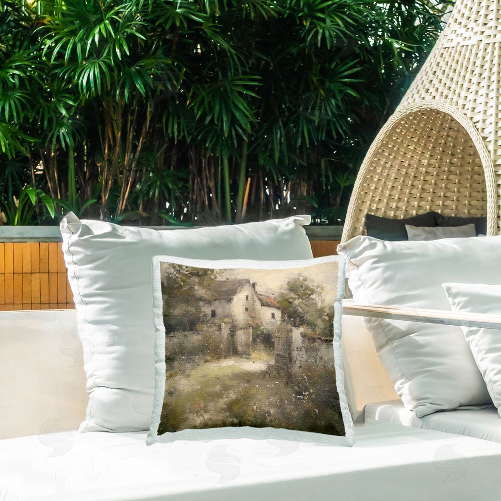 Creative Studio Overgrown Hazy Cottage Outdoor Square Pillow on Patio