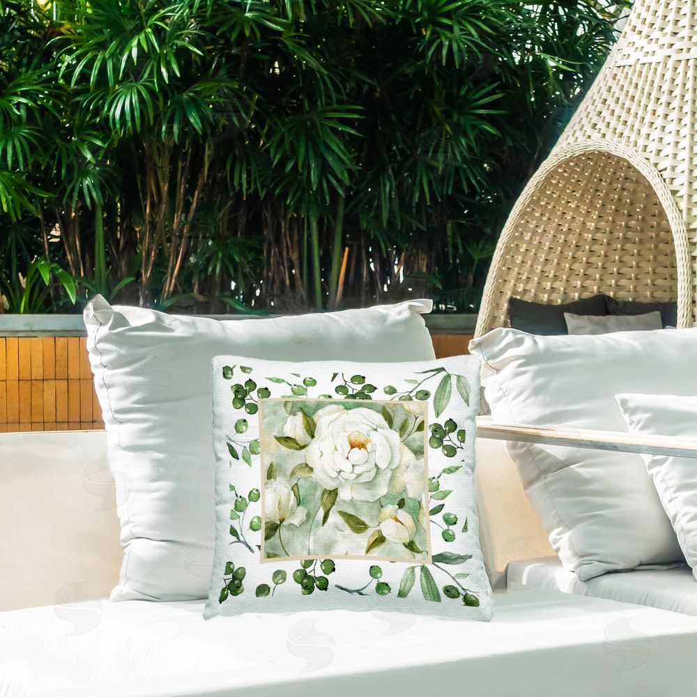 Carol Robinson Green Berries And Blooms Outdoor Square Pillow on Patio