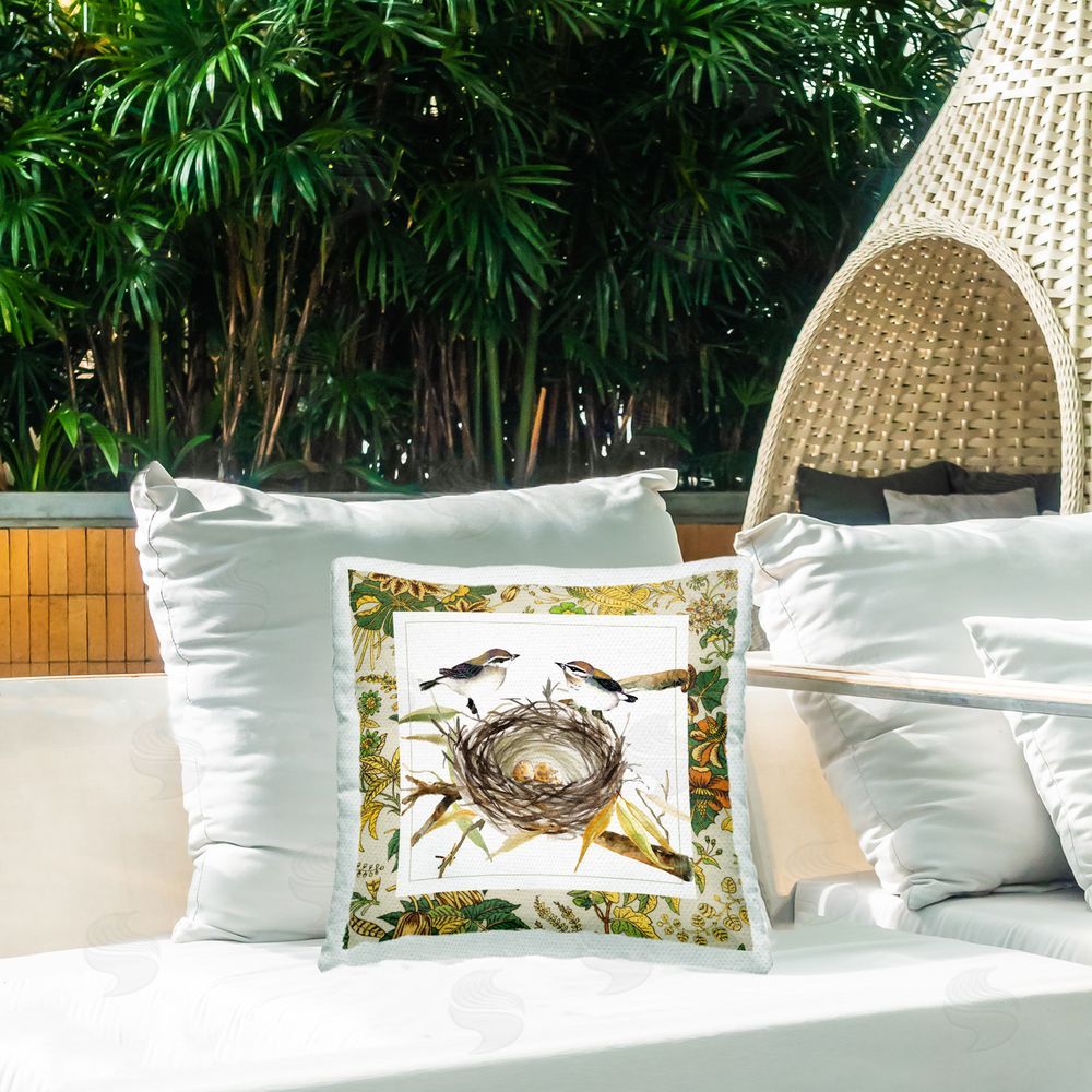 Carol Robinson Spring Easter Bird Nest Outdoor Square Pillow on Patio