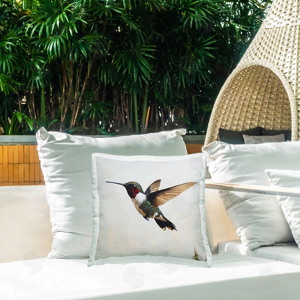 Creative Studio Hummingbird over Distressed Rustic Outdoor Square Pillow on Patio