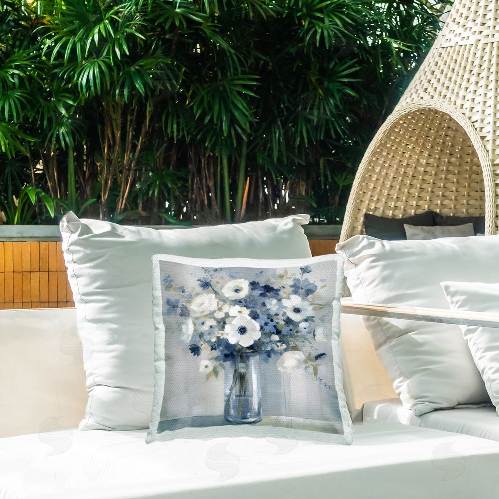 Creative Studio Peaceful Blues Bouquet Outdoor Square Pillow on Patio