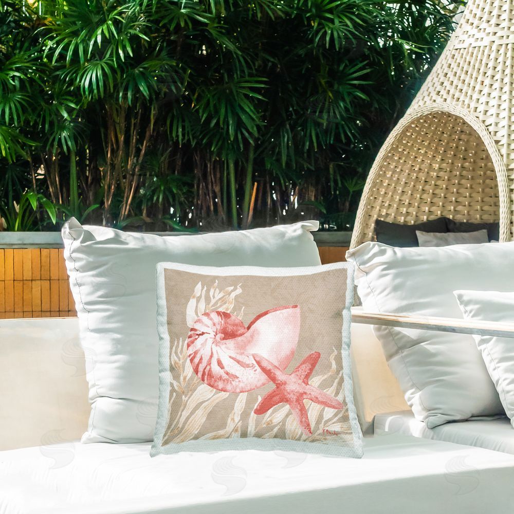 Paul Brent Peach Tampico Shells Outdoor Square Pillow on Patio