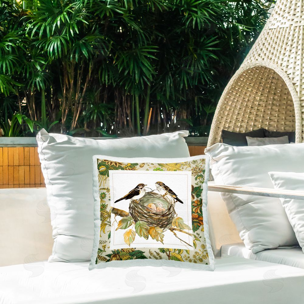 Carol Robinson Easter Nest Birds Perched Outdoor Square Pillow on Patio