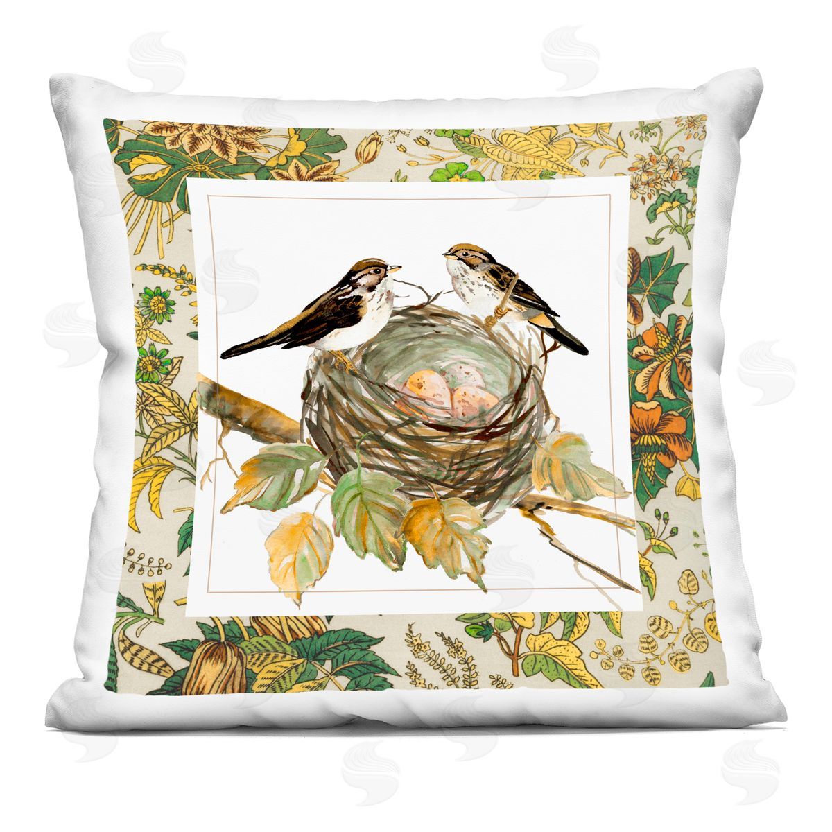 Carol Robinson Easter Nest Birds Perched Indoor Printed Pillow Art