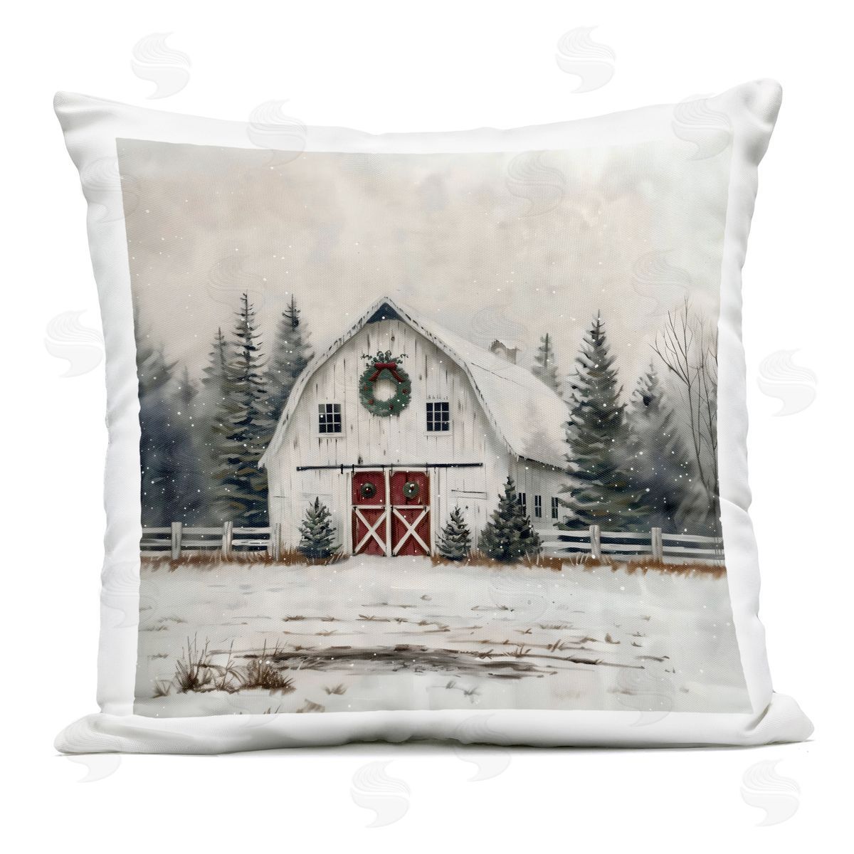Creative Studio White Christmas Barn with Wreath Outdoor Printed Pillow