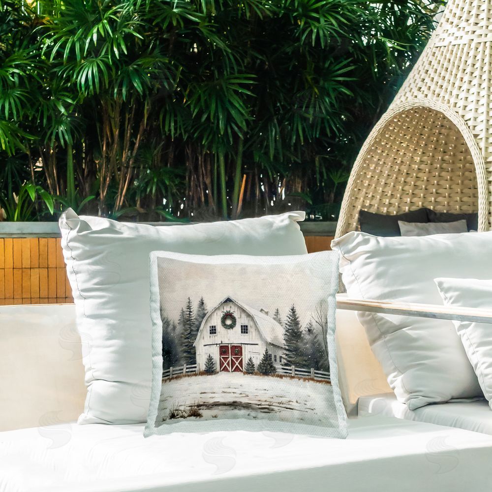 Creative Studio White Christmas Barn with Wreath Outdoor Square Pillow on Patio