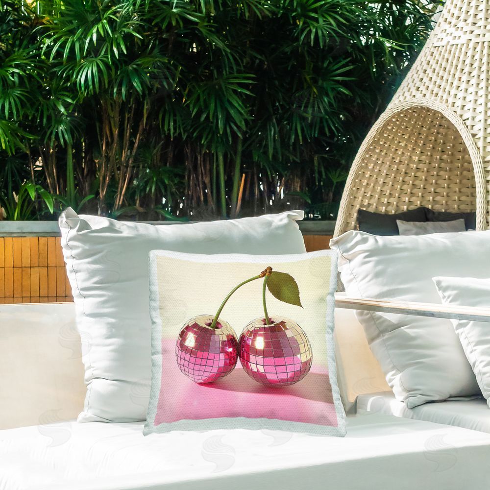 Creative Studio Retro Disco Cherries Gleam Outdoor Square Pillow on Patio