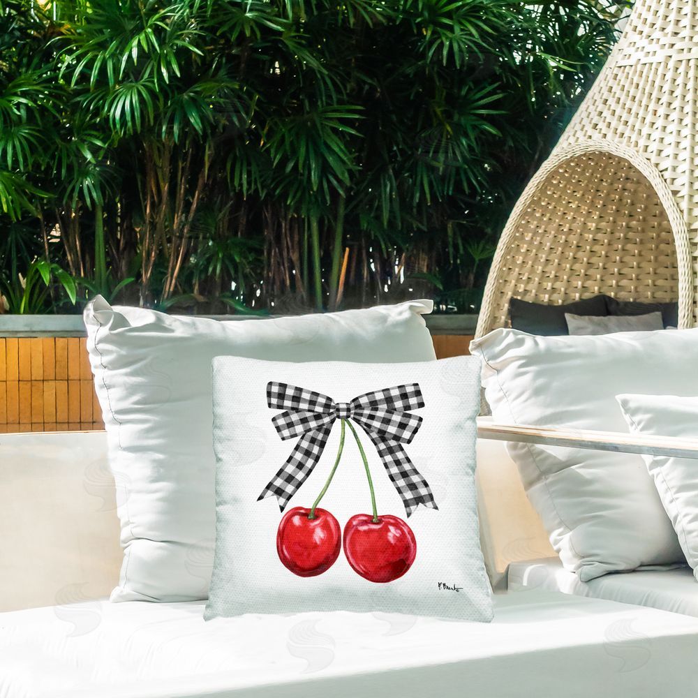 Paul Brent Lucky Cherries & Plaid Bow Outdoor Square Pillow on Patio