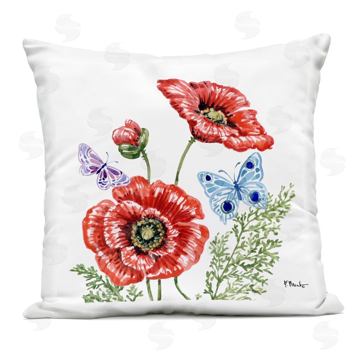 Paul Brent Brushstroke Poppies & Butterflies Outdoor Printed Pillow