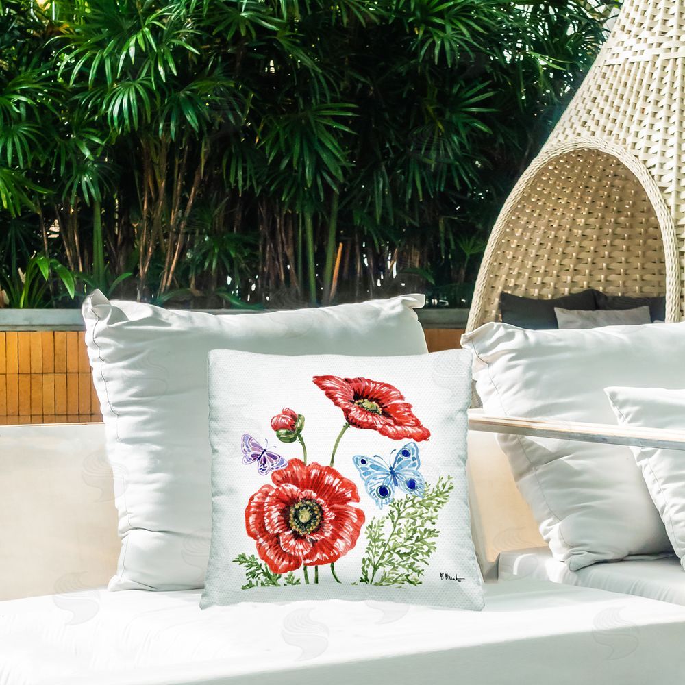 Paul Brent Brushstroke Poppies & Butterflies Outdoor Square Pillow on Patio